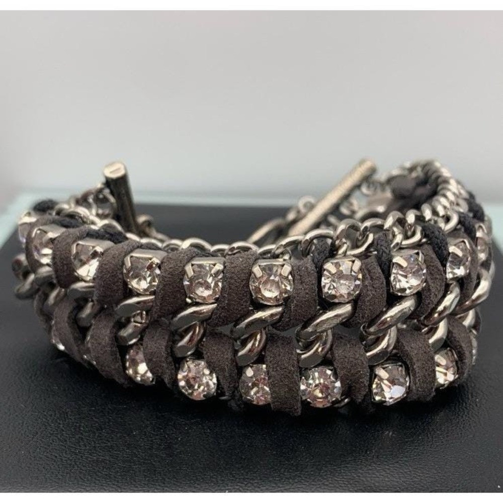 Premier Designs Silver Tone Leather Crystal Bracelet Braided Toggle Statement